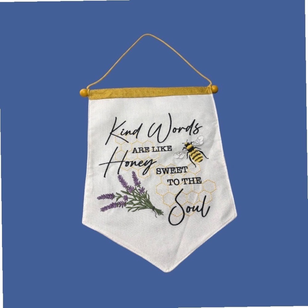 White Wall Hanging Banner OS Honey Bee Lavender Embroidered